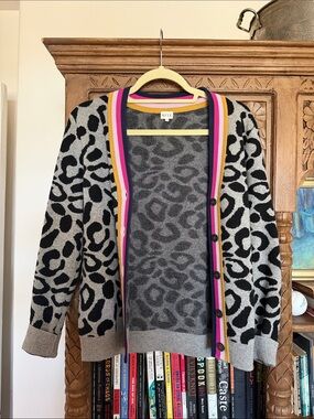 KULE Black and Gray Leopard Cardigan with Pink and Yellow Trim